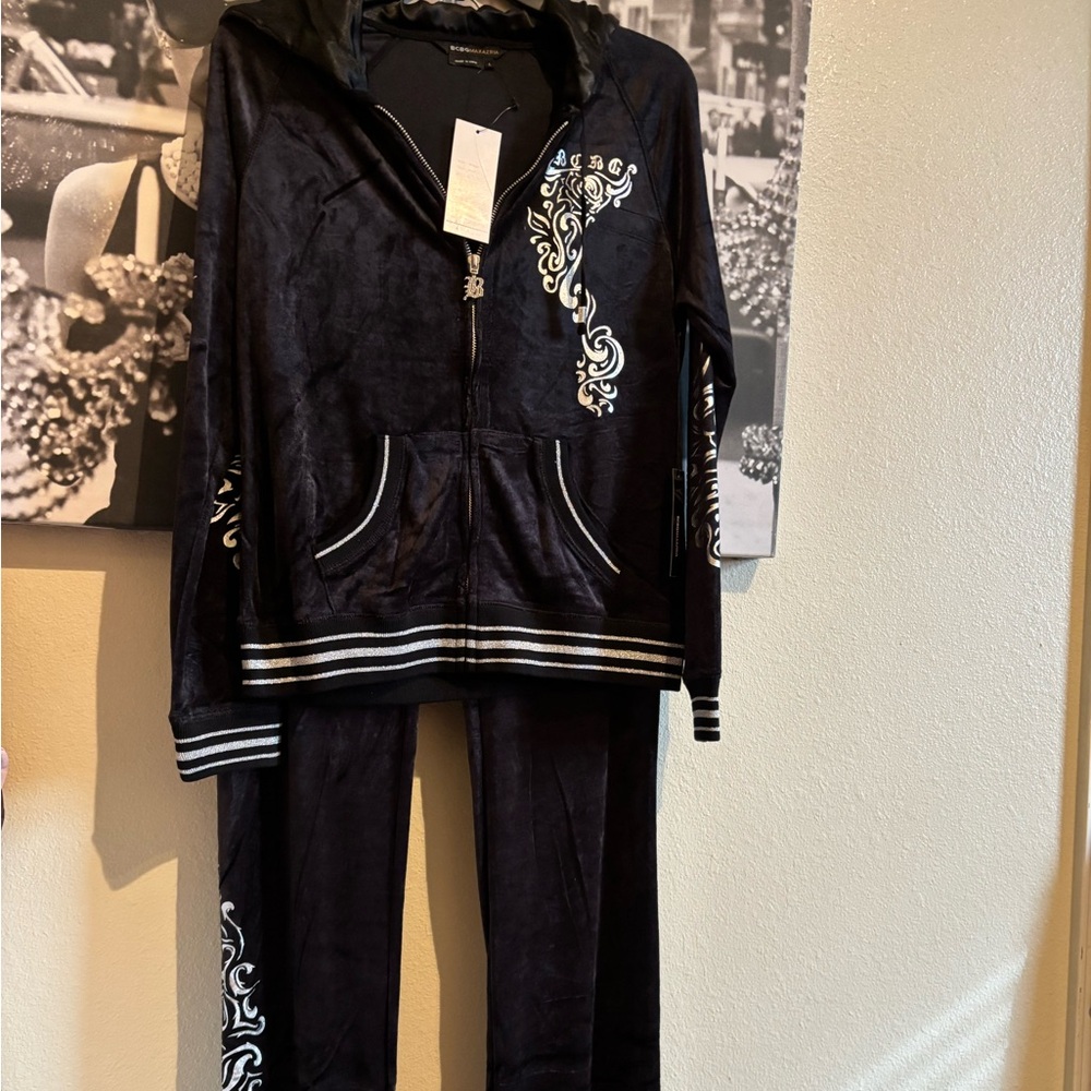 BCBGMaxAzria Black Velour Tracksuit with Embroidery